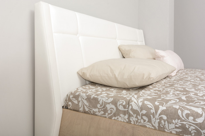 Муссон 11.28 Кровать БЕЗ ортопеда, цвет ЛДСП дуб эндгрейн элегантный/искусственная кожа белая, ШхГхВ 177,2х224х95,3 см., сп. м. 1600х2000 мм, б/м, б/о