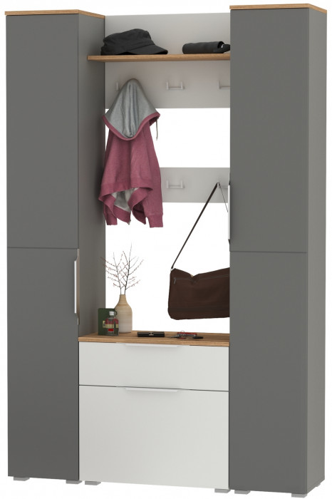 Октава Прихожая 51, цвет белый шагрень/серый графит/дуб крафт золотой/фасады МДФ белый шагрень/серый графит, ШхГхВ 129,3х35,4х197,6 см., ун. сб.