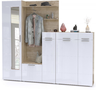 Лайн Прихожая № 10, дуб крафт серый/фасады МДФ белый глянец