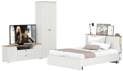 Остин 11.53 Кровать + ортопед + 16.307 Шкаф + 16.47 Тумба под ТВ, белый шагрень/дуб крафт золотой