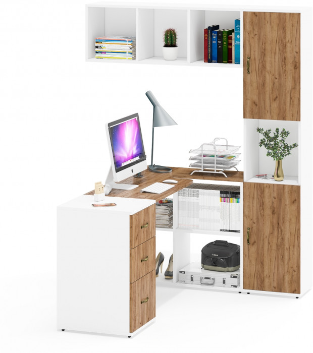 Лидер-8 Стол + Полка + Тумба МД 3.16 + Пенал, цвет белый шагрень/крафт золото, ШхГхВ 245х50/30х75/190 или 120х155/30х75/190 см., НЕ универс. сб.