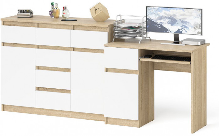 Мори Стол компьютерный МС-1 левый + Комод МК1200.4, цвет дуб сонома/белый, ШхГхВ 210,4х50х94 см., выдвижной ящик слева, НЕ универсальная сборка