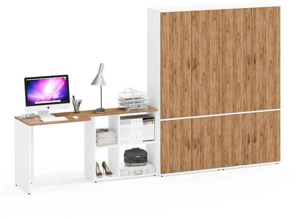 Лидер-8 Стол + Шкаф МД 20Б + Шкаф МД 20Б, белый шагрень/крафт золото