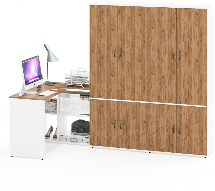 Лидер-8 Стол + Шкаф МД 20Б + Шкаф МД 20Б, белый шагрень/крафт золото