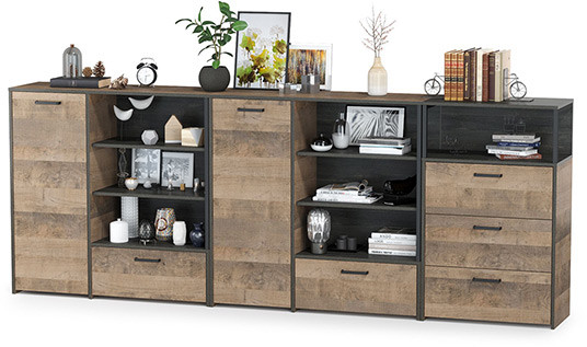 Трувор 13.307.01 Комод + 13.307.02 Комод с ящиками + 13.307.01 Комод, цвет дуб гранж песочный/интра, ШхГхВ 284х37х106,9 см., универсальная сборка