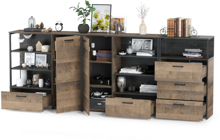 Трувор 13.307.01 Комод + 13.307.02 Комод с ящиками + 13.307.01 Комод, цвет дуб гранж песочный/интра, ШхГхВ 284х37х106,9 см., универсальная сборка