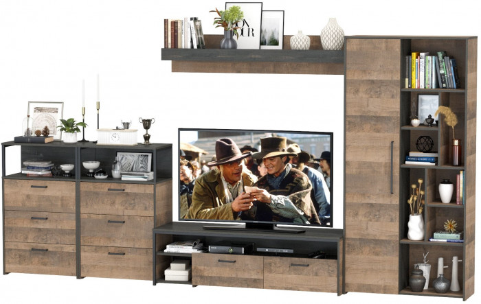 Трувор Гостиная 103, цвет дуб гранж песочный/интра, ШхГхВ 374,8х45,4х194,20 см., универсальная сборка