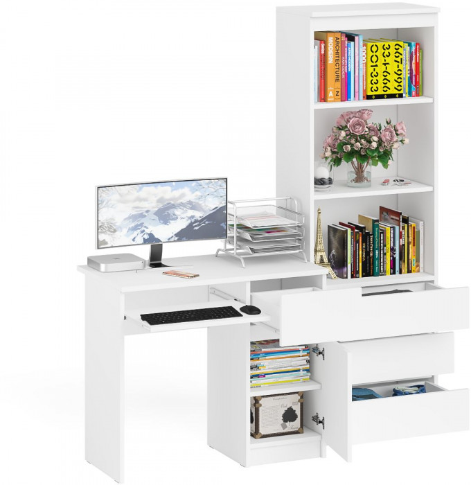 Мори компьютерный стол МС-1 правый + Стеллаж МСТ600.3, белый