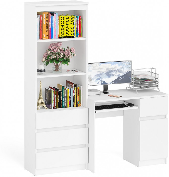 Мори компьютерный стол МС-1 правый + Стеллаж МСТ600.3, белый