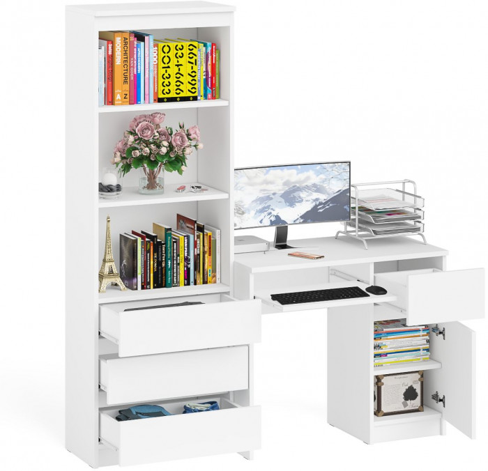 Мори компьютерный стол МС-1 правый + Стеллаж МСТ600.3, белый