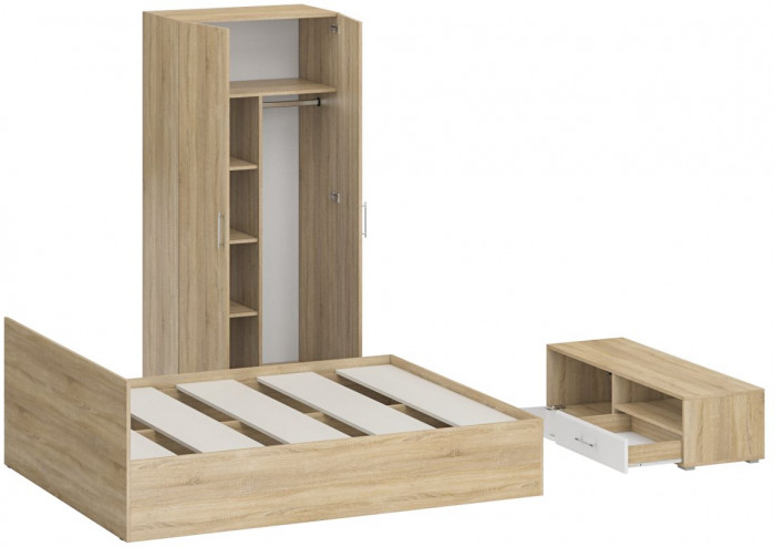 Спальня Стандарт 3-1600, дуб сонома/фасады ТВ тумбы МДФ белый глянец