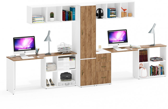 Лидер-8 Стол + Полка + Стол + Полка + Пенал МД 23Б + Тумба МД 3.16, белый шагрень/крафт золото