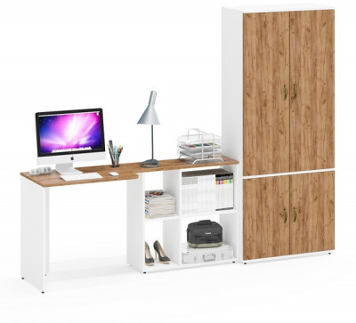 Лидер-8 Стол + Шкаф МД 20Б, белый шагрень/крафт золото