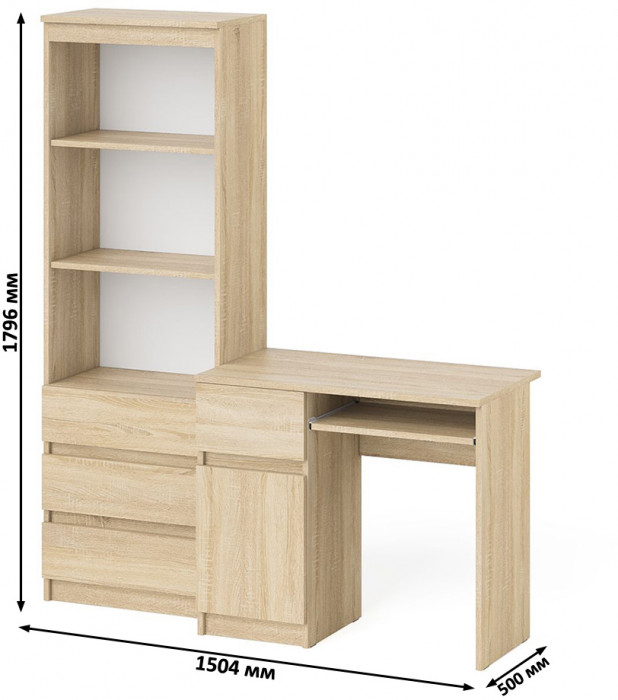 Мори компьютерный стол МС-1 левый + Стеллаж МСТ600.3, дуб сонома