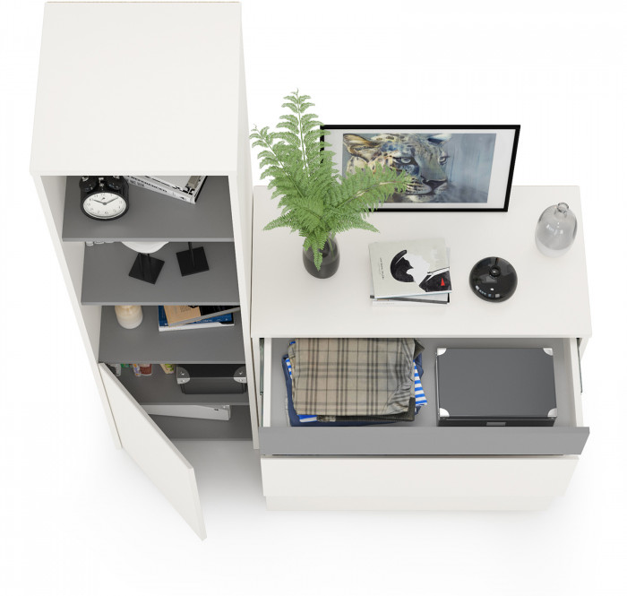 Торонто 13.13 Шкаф комбинированный + 13.321 Комод, цвет белый шагрень/стальной серый, ШхГхВ 120х40,3х149,7 см., универсальная сборка