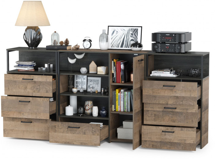 Трувор 13.307.01 Комод + 13.307.02 Комод с ящиками + 13.307.02 Комод с ящиками, цвет дуб гранж песочный/интра, ШхГхВ 241х37х106,9 см., ун. сб.