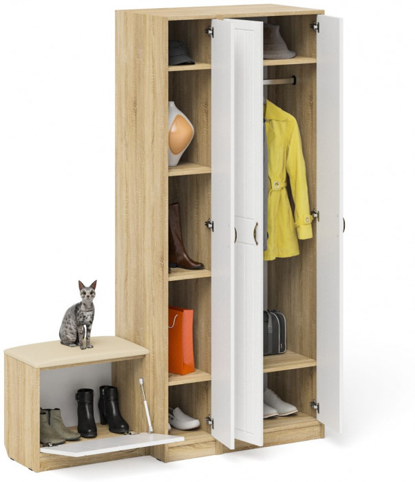 Прихожая П-6 Компоновка № 45, дуб сонома/фасады МДФ белое дерево фрезеровка прованс