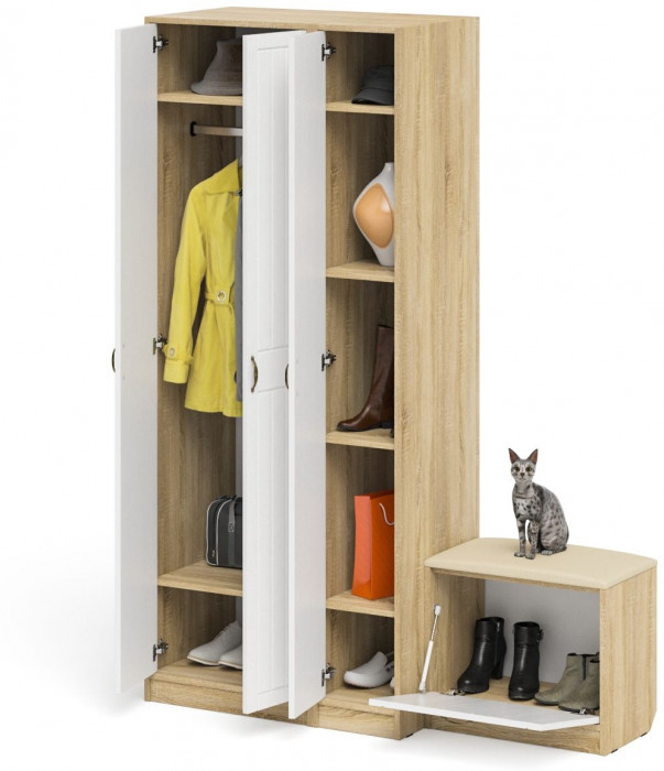 Прихожая П-6 Компоновка № 45, дуб сонома/фасады МДФ белое дерево фрезеровка прованс