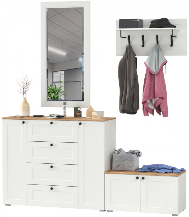 Остин Прихожая 50, цвет белый шагрень/дуб крафт золотой, ШхГхВ 200х54,3х210 см., универсальная сборка