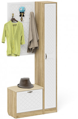 Прихожая П-6 Компоновка № 21, цвет дуб сонома/фасады МДФ белое дерево фрезеровка ромб, ШхГхВ 90х35х210 см., универсальная сборка