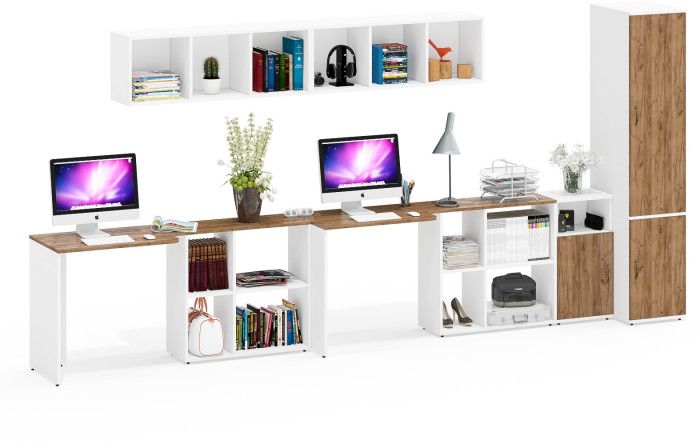 Лидер-8 Стол + Полка + Стол + Полка + Пенал МД 23Б + Тумба МД 3.19, белый шагрень/крафт золото