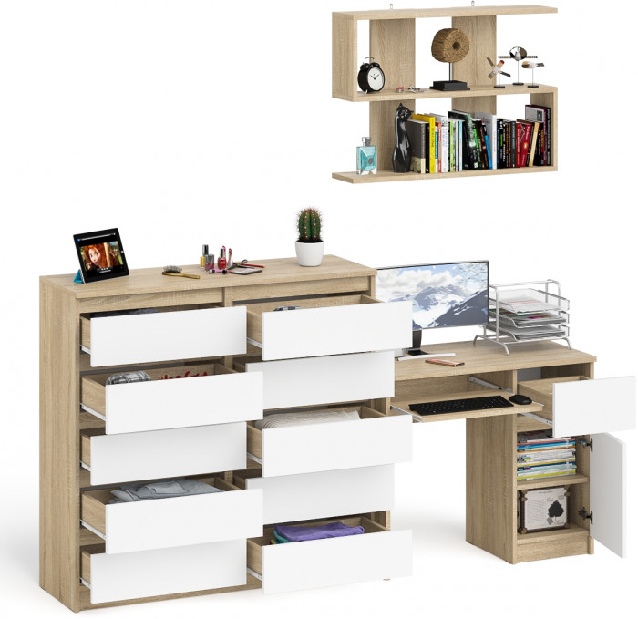 Мори компьютерный стол МС-1 правый + Комод МК1200.10 + Полка 900, дуб сонома/белый