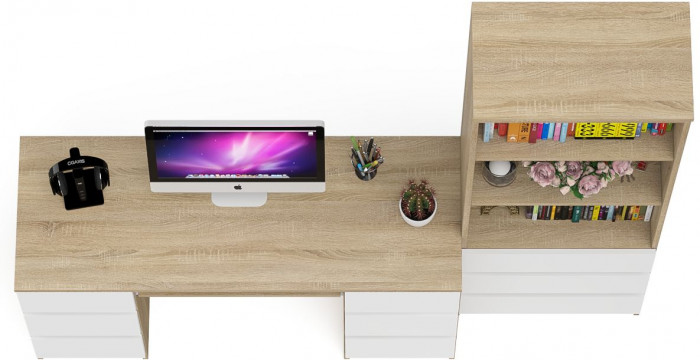 Мори компьютерный стол МС-2 + Стеллаж МСТ600.3, дуб сонома/белый