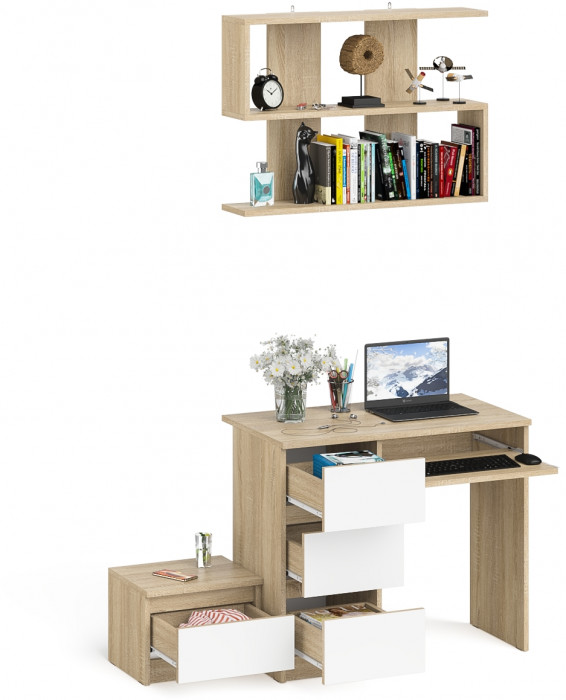 Мори компьютерный стол МС-6 левый + Тумба ТМП400.1 + Полка 900, дуб сонома/белый