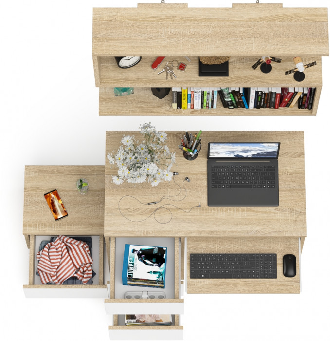 Мори компьютерный стол МС-6 левый + Тумба ТМП400.1 + Полка 900, дуб сонома/белый