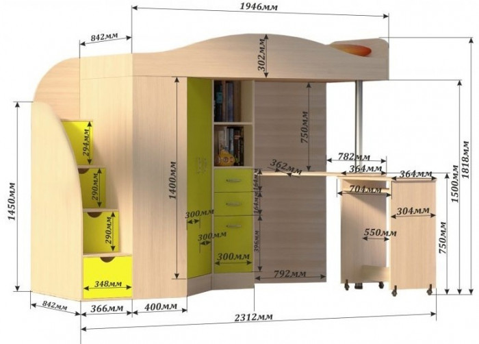 Кровать-чердак Юниор 4 (Дуб молочный/Лайм)