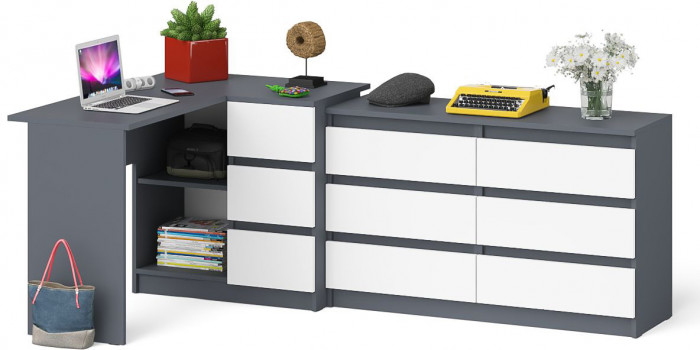Мори Стол компьютерный МС-16 правый + Комод МК1200.6, цвет графит/белый, ШхГхВ 244,8х84,9х76,6 см., выдвижные ящики справа, НЕ универсальная сборка