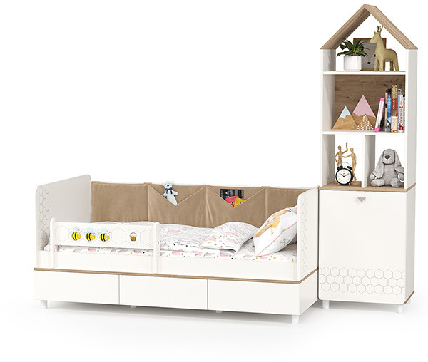 Эйп 11.40 Кровать + 13.14 Стеллаж, цвет белый/дуб белый, сп. м. 800х1600 мм., б/м, основание есть, макс. нагрузка 80 кг., рек. выс. матр. 120 мм.