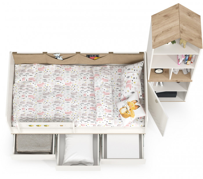 Эйп 11.40 Кровать + 13.14 Стеллаж, цвет белый/дуб белый, сп. м. 800х1600 мм., б/м, основание есть, макс. нагрузка 80 кг., рек. выс. матр. 120 мм.