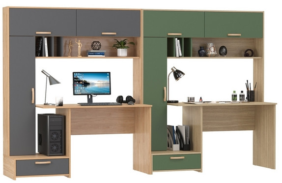 Два Стола письменных Лайт 03.243Н, цвет гикори рокфорд натуральный/тёмно-серый/плэйн/дымчатый зелёный, ШхГхВ 300,4х57,3х179,9 см., НЕ универс. сборка