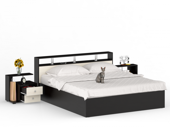 Камелия Кровать 1800 + две тумбы, цвет венге/дуб лоредо, ШхГхВ 296х217х78,2 см., сп.м. 1800х2000 мм., без матраса, основание есть