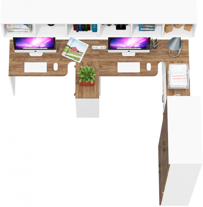 Лидер-8 Стол + Полка + Стол + Полка + Шкаф МД 20Б + Тумба МД 3.19, цвет белый шагрень/крафт золото, 450х50х75/190 или 230х200/50х75/190, НЕ ун. сб.