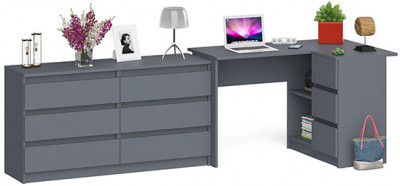 Мори Стол компьютерный МС-16 правый + Комод МК1380.6, цвет графит, ШхГхВ 262,4х84,9х76,6 см., выдвижные ящики справа, НЕ универсальная сборка