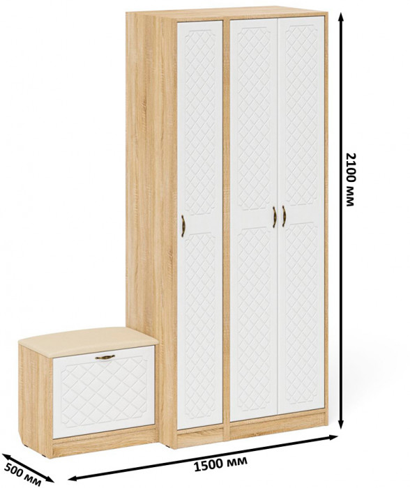 Прихожая П-6 Компоновка № 45, дуб сонома/фасады МДФ белое дерево фрезеровка ромб