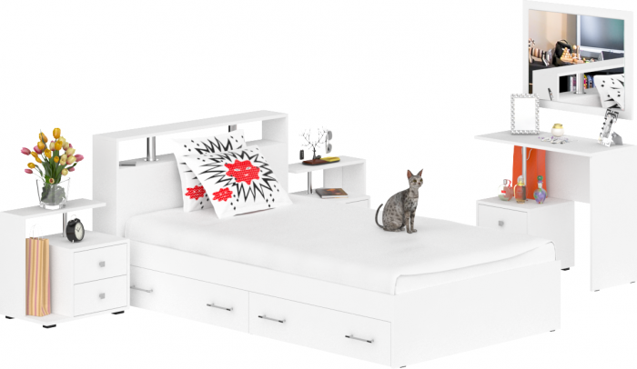 Камелия спальня № 13 Кровать с ящиками 1200 + Две тумбы + Стол косметич. + Зеркало, белый