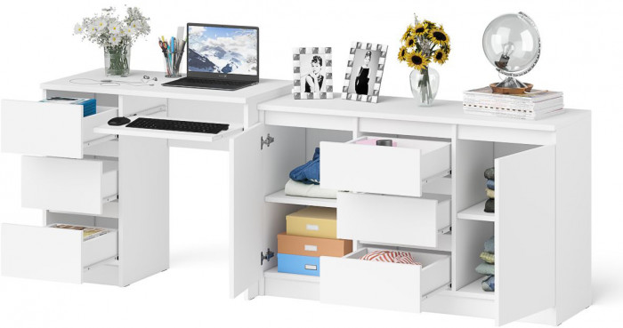 Мори компьютерный стол МС-6 левый + Комод МК1200.3, белый