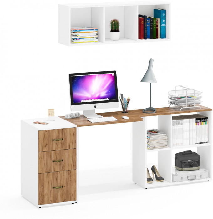 Лидер-8 Стол + Полка + Тумба МД 3.16, цвет белый шагрень/крафт золото, ШхГхВ 205х50/30х75/190 или 155х80/50х75/190 см., НЕ универсальная сборка