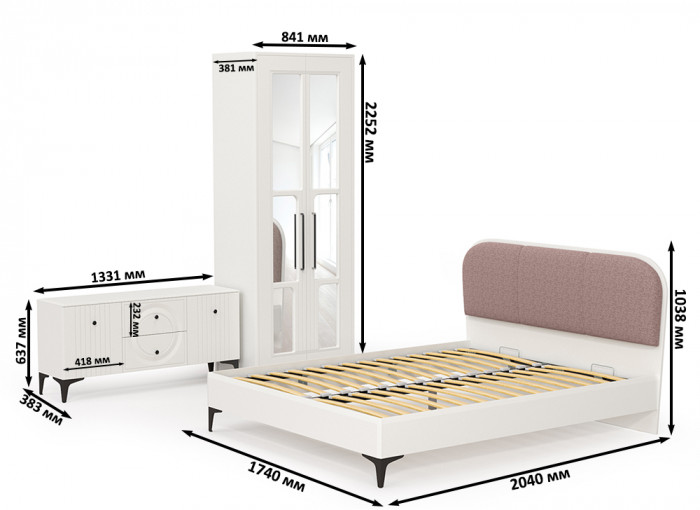 Валенсия Спальня № 42, цвет ЛДСП белый шагрень/МДФ белый шагрень/ткань велутто 19, ортопед есть, сп. м. 1600х2000 мм., б/м