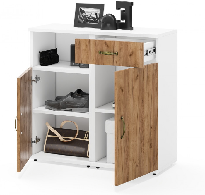 Лидер-8 Тумба МД 3.15 + Тумба МД 3.19, цвет белый шагрень/крафт золото, ШхГхВ 80х30х75 см., универсальная сборка