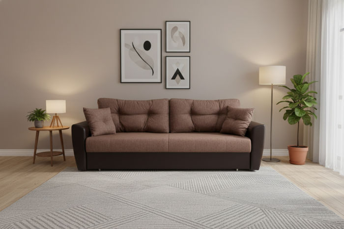 Диван-книжка Амстердам, 140х190, рогожка/экокожа, коричневый