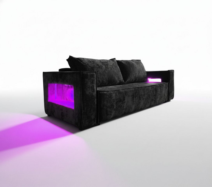 Диван-кровать Лофт Люкс Плюш с подсветкой, еврокнижка, пружинный блок, 140х195, черный