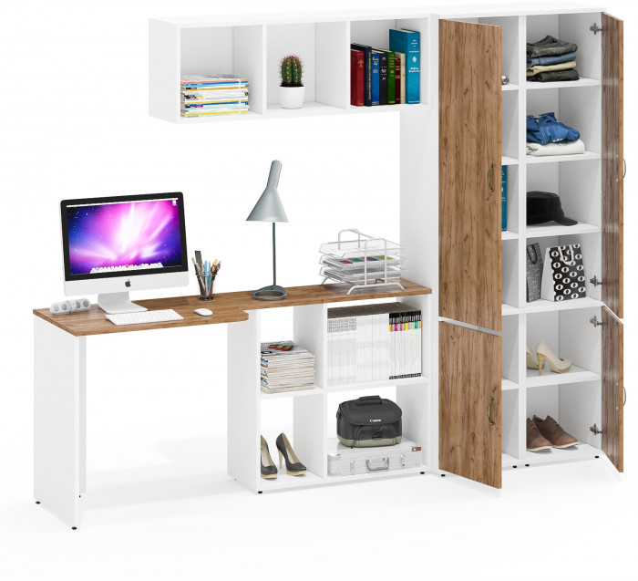 Лидер-8 Стол + Полка + Пенал МД 22Б + Пенал МД 22Б, цвет белый шагрень/крафт золото, ШхГхВ 245х50/37,5х75/190 или 115х160/50х75/190 см., НЕ ун. сб.