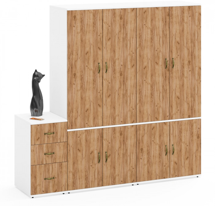 Лидер-8 Шкаф МД 19Б + Шкаф МД 19Б + Тумба МД 3.16, цвет белый шагрень/крафт золото, ШхГхВ 200х50х190 см., универсальная сборка