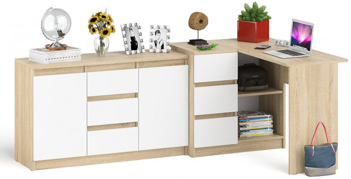 Мори Стол компьютерный МС-16 левый + Комод МК1200.3, цвет дуб сонома/белый, ШхГхВ 244,8х84,9х76,6 см., выдвижные ящики слев, НЕ универсальная сборкаа