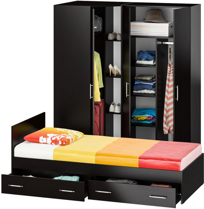 Спальня Стандарт 2-0900Я, цвет венге, ШхГхВ 93,5х203,5х70 + 171,2х81,2х200 см., сп.м. 900х2000 мм., без матраса, основание есть