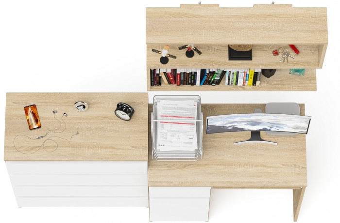 Мори компьютерный стол МС-1 левый + Комод МК800.4 + Полка 900, дуб сонома/белый